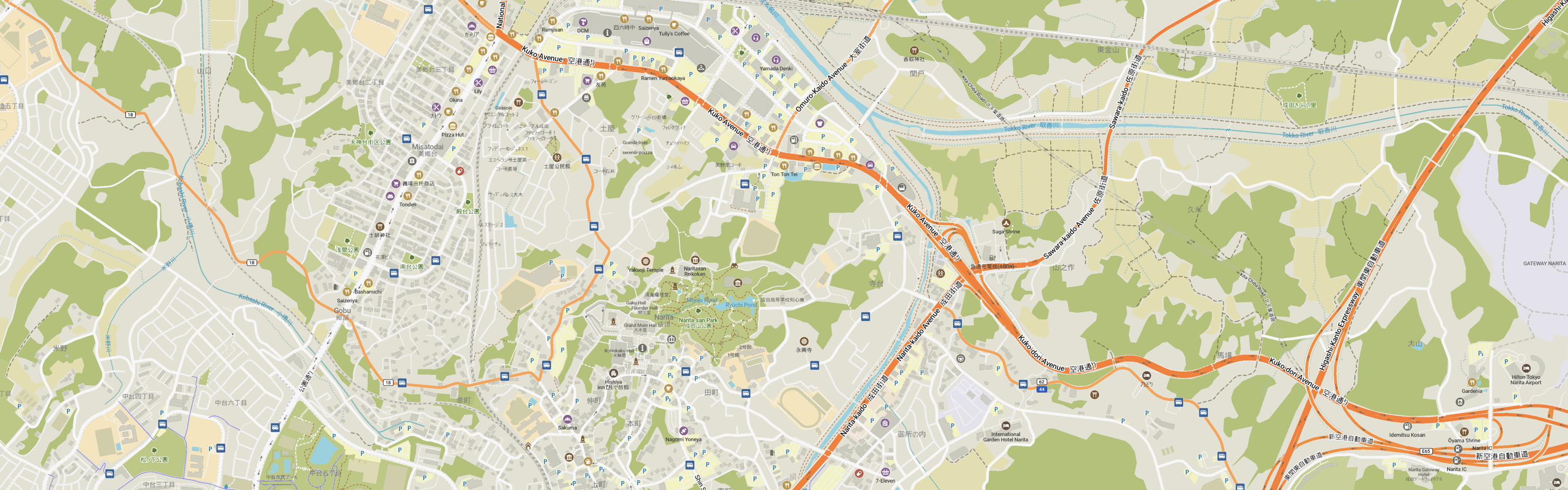 A detail of a map of Narita City.