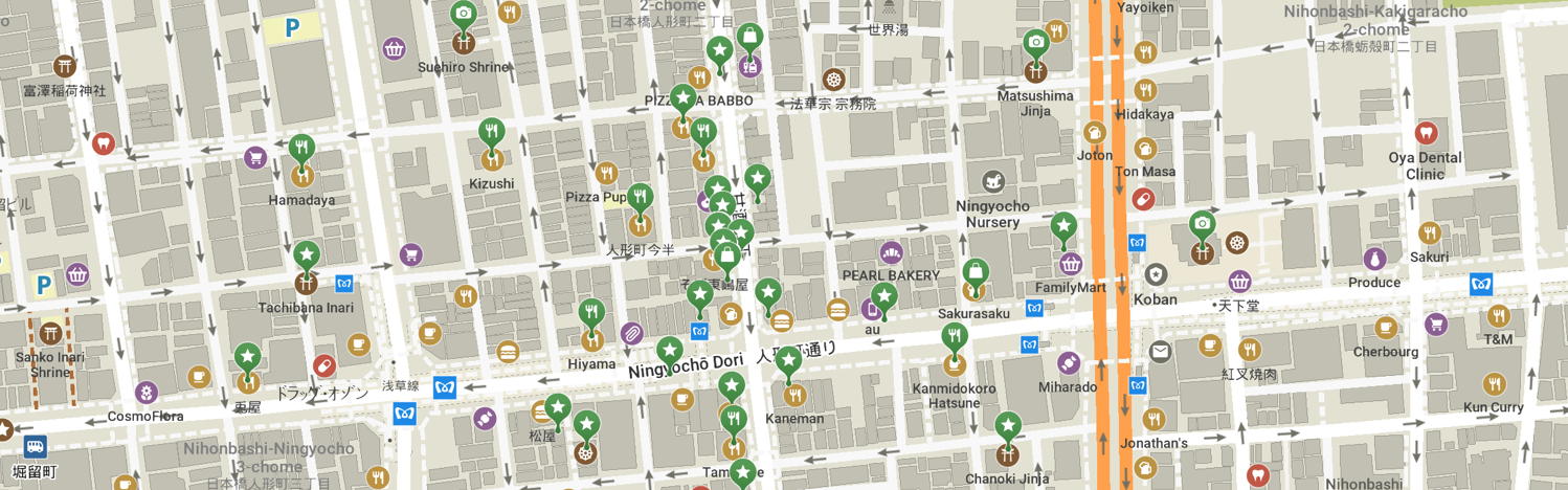 Map of Ningyocho Seven lucky gods pilgrimage area